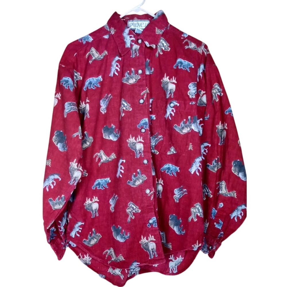 Vintage 80s 90s PUNCH Red Animal Print Cotton Shirt Women's Medium Made in Nepal
